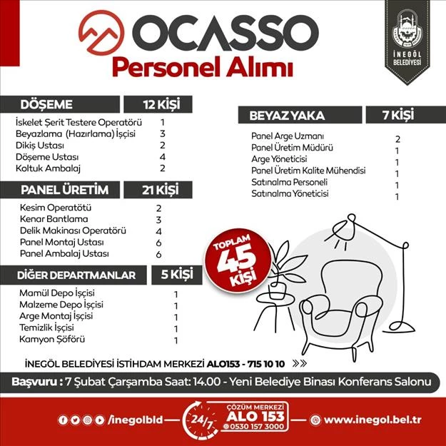 Ocasso Mobilya 45 Personel Alımı Yapacak