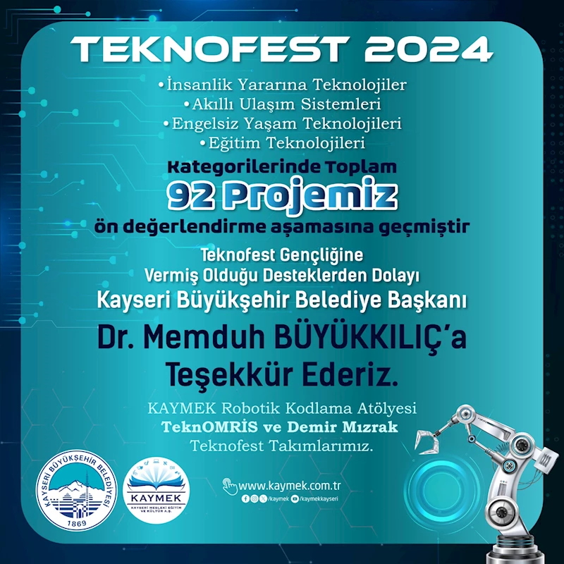 KAYMEK’in ‘Teknofest’ Gençliği, 92 Proje ile Ön Değerlendirme Aşamasına Geçti