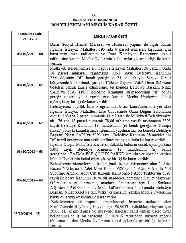 2019 YILI EKİM AYI MECLİS KARAR ÖZETİ