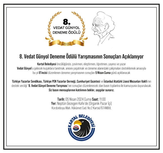 8.VEDAT GÜNYOL DENEME ÖDÜLÜ YARIŞMASININ KAZANANLARI, 5 NİSAN’DA AÇIKLANACAK